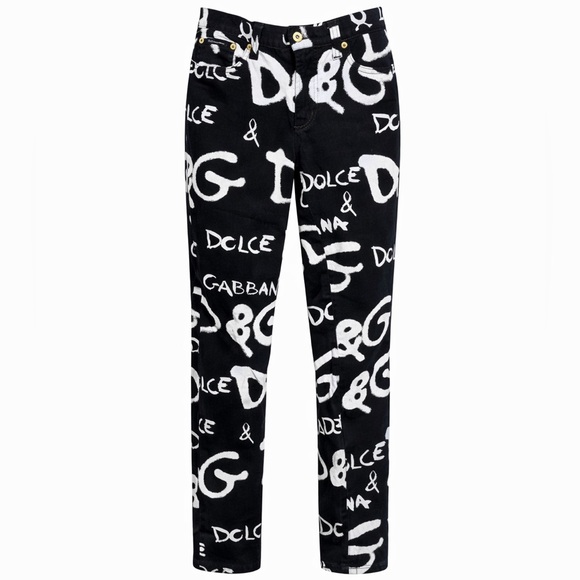 Dolce & Gabbana Denim - Dolce & Gabbana Black Pants with White Logo Print